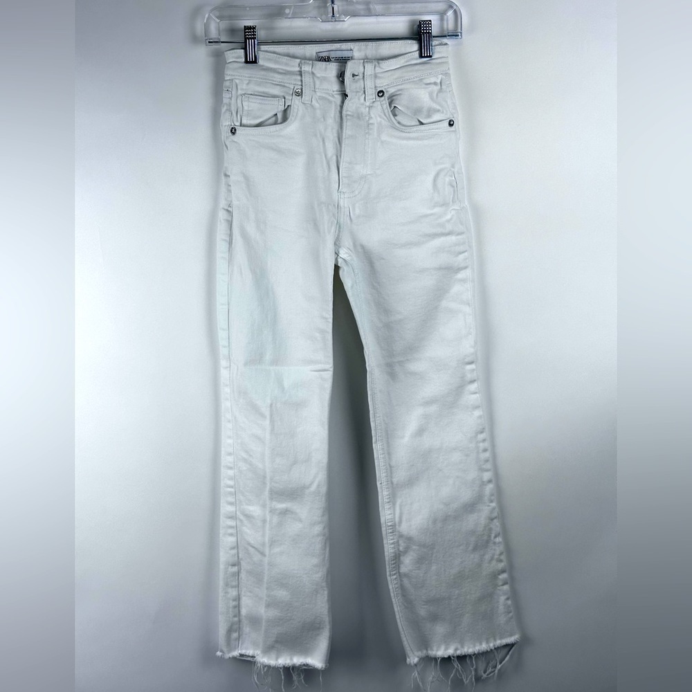 Women's Slim Flare Straight Leg Ivory Jeans w/ Distressed Bottom Hems